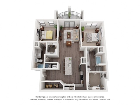 a stylized floor plan of a 1 bedroom floor plan